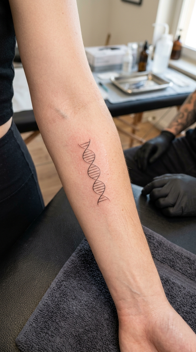 DNA Strang als minimalistisches Tattoo für den Unterarm