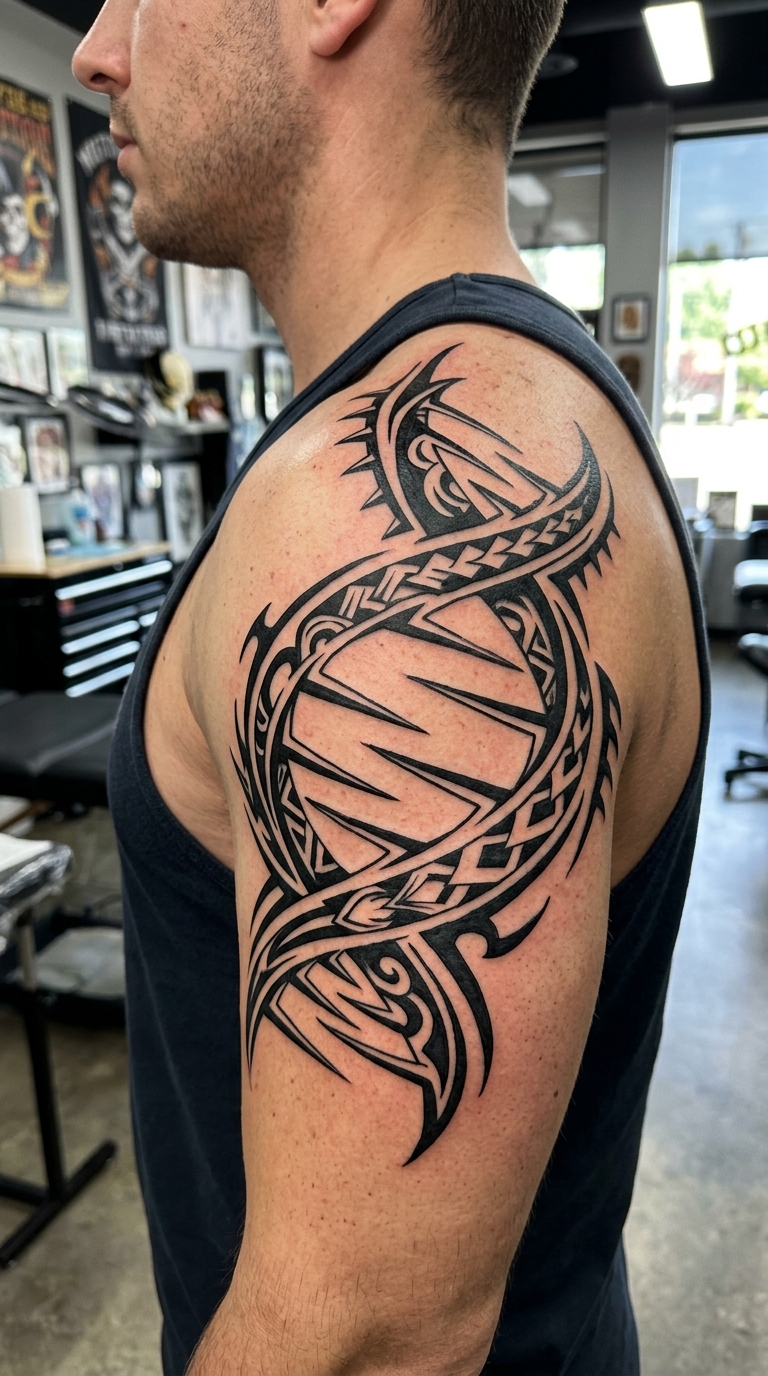 DNA Strang als Tribal Tattoo für die Schulter