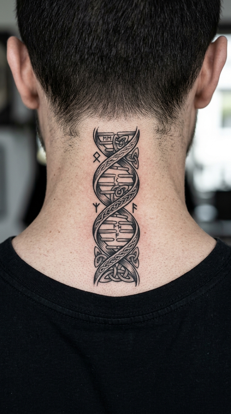 DNA Strang als Wikinger und Celtic Tattoo für den Nacken