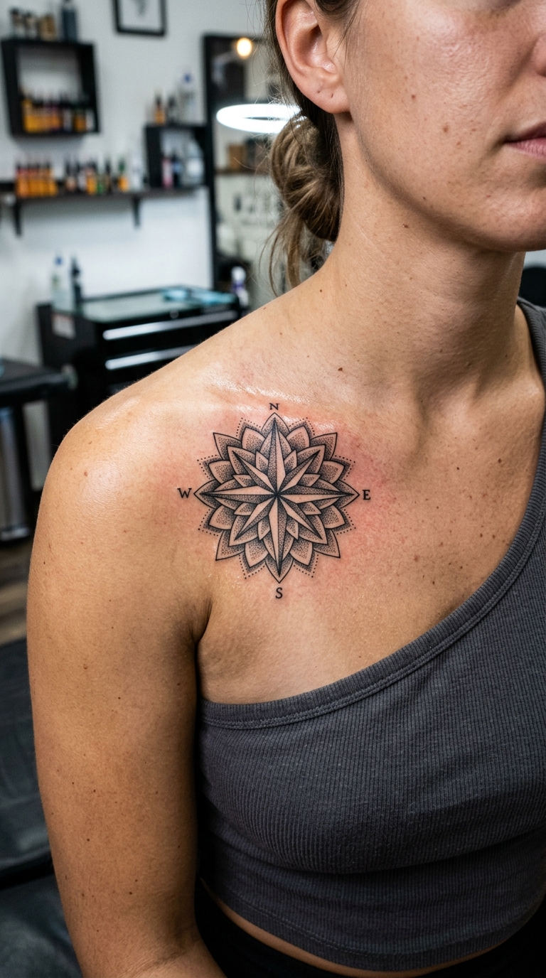 Dotwork Tattoo mit Kompassrose als Idee für das Schlüsselbein