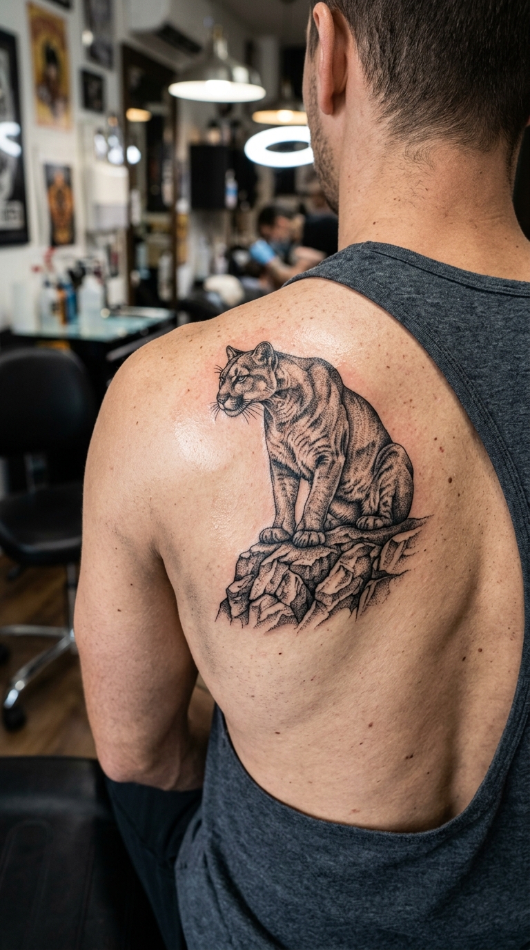 Dotwork Tattoo mit Puma auf dem Rücken