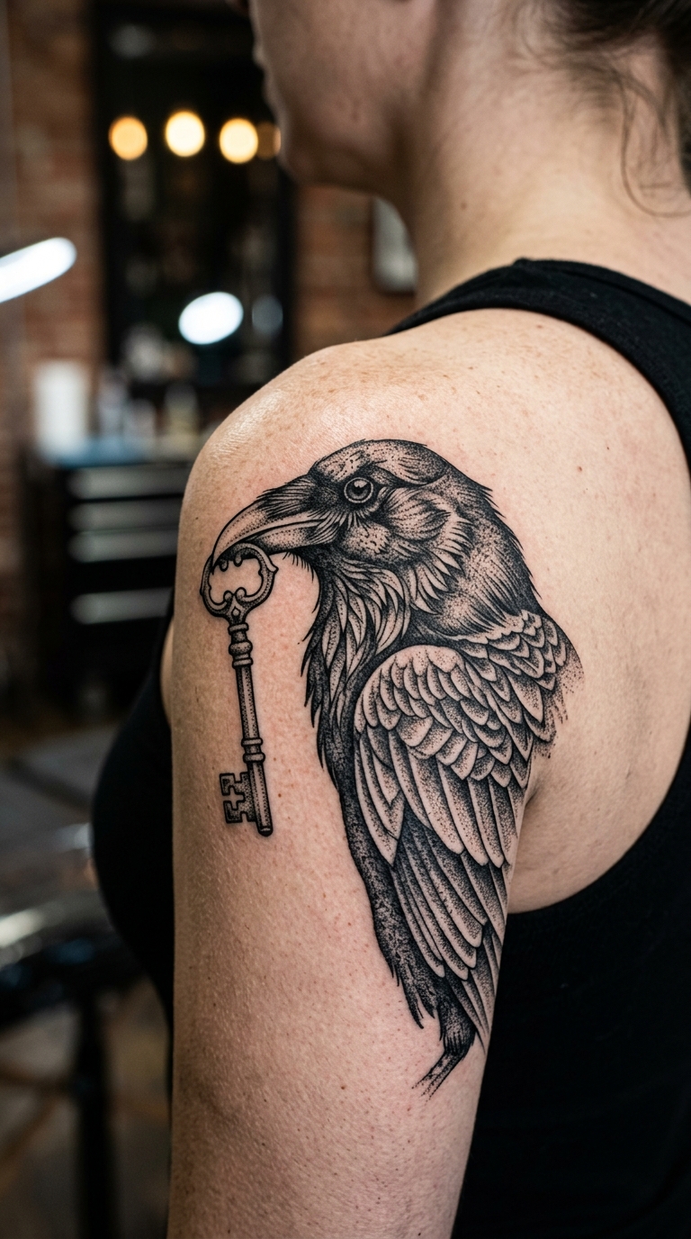 Dotwork Tattoo mit Rabe und Schlüssel auf der Schulter