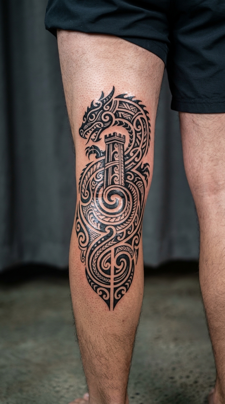 Drache um einen Turm als Maori Tattoo Vorlage für die Kniekehle