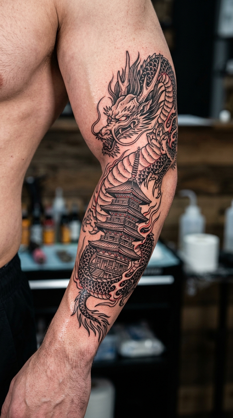 Drache und Pagode als Japanisch Tattoo Idee für den Arm