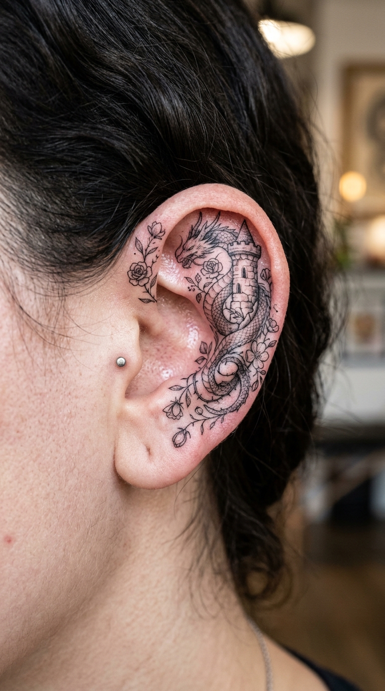 Drache und Turm als florales Tattoo für das Ohr