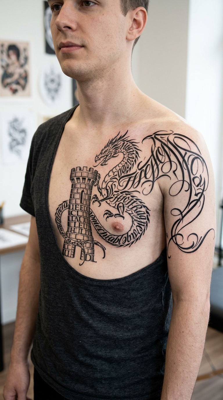 Drache und Turm als geschriebene Schrift Tattoo Idee für Brust & Oberkörper