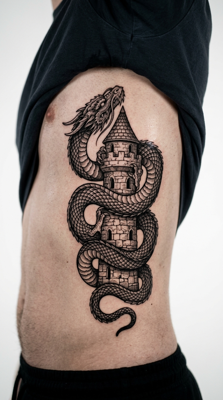 Drache und Turm Tattoo Vorlage für die Rippen