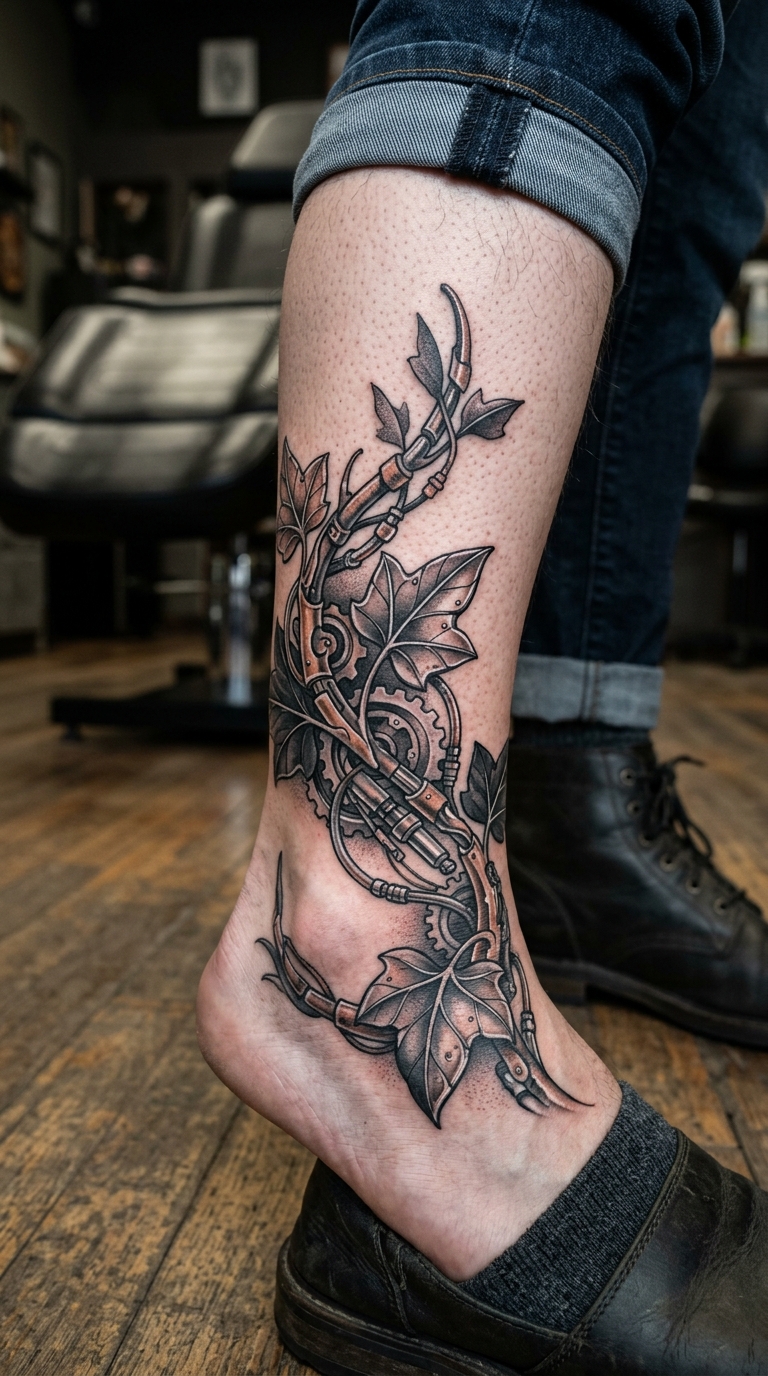 Efeuranke als biomechanisches Tattoo für den Knöchel