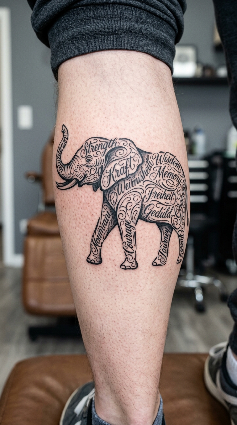 Elefant als geschwungene Schrift Tattoo Idee für das Bein