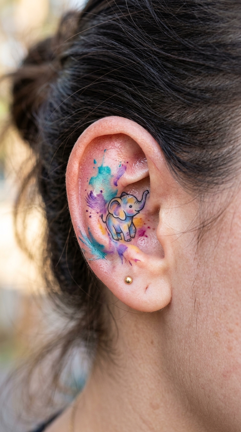 Elefant als lebendiges Aquarell Tattoo für das Ohr