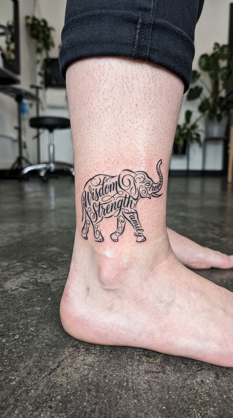 Elefant als Schrift Tattoo Idee für den Knöchel