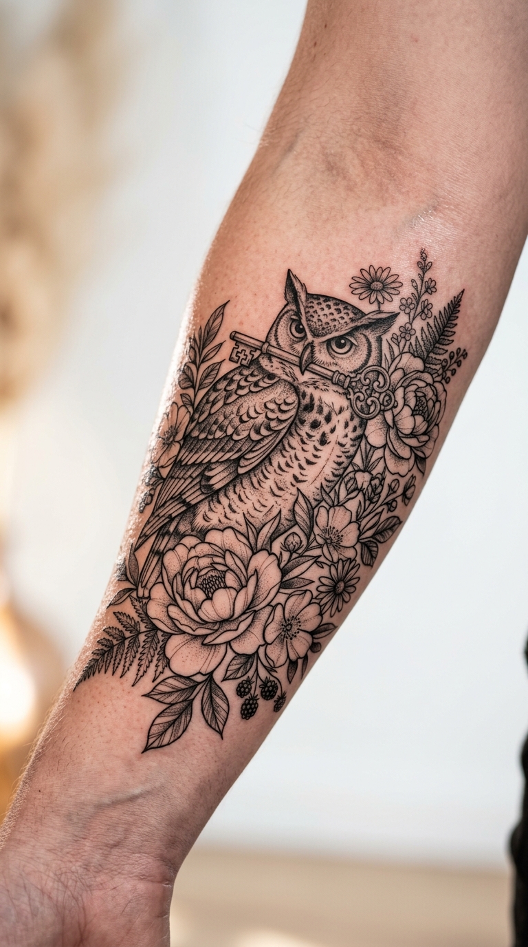 Elegantes Eulen Tattoo als florale Unterarm Idee