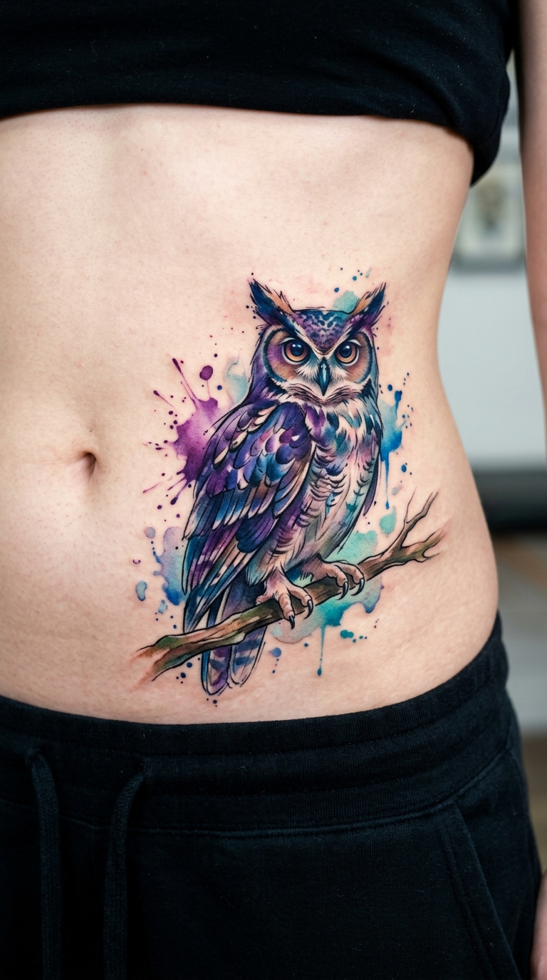 Eule auf Ast als Aquarell Tattoo für den Bauch