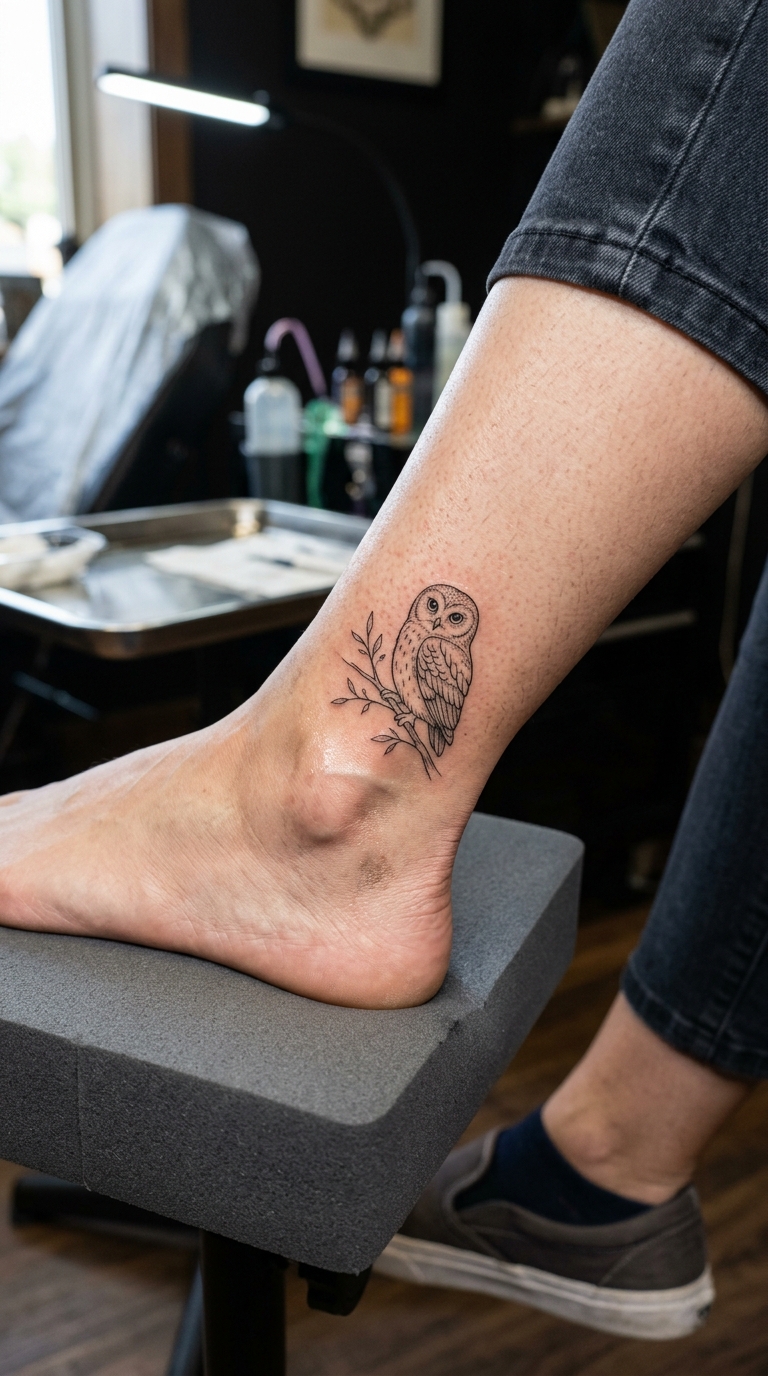 Eule auf Ast als Fineline Tattoo für den Knöchel