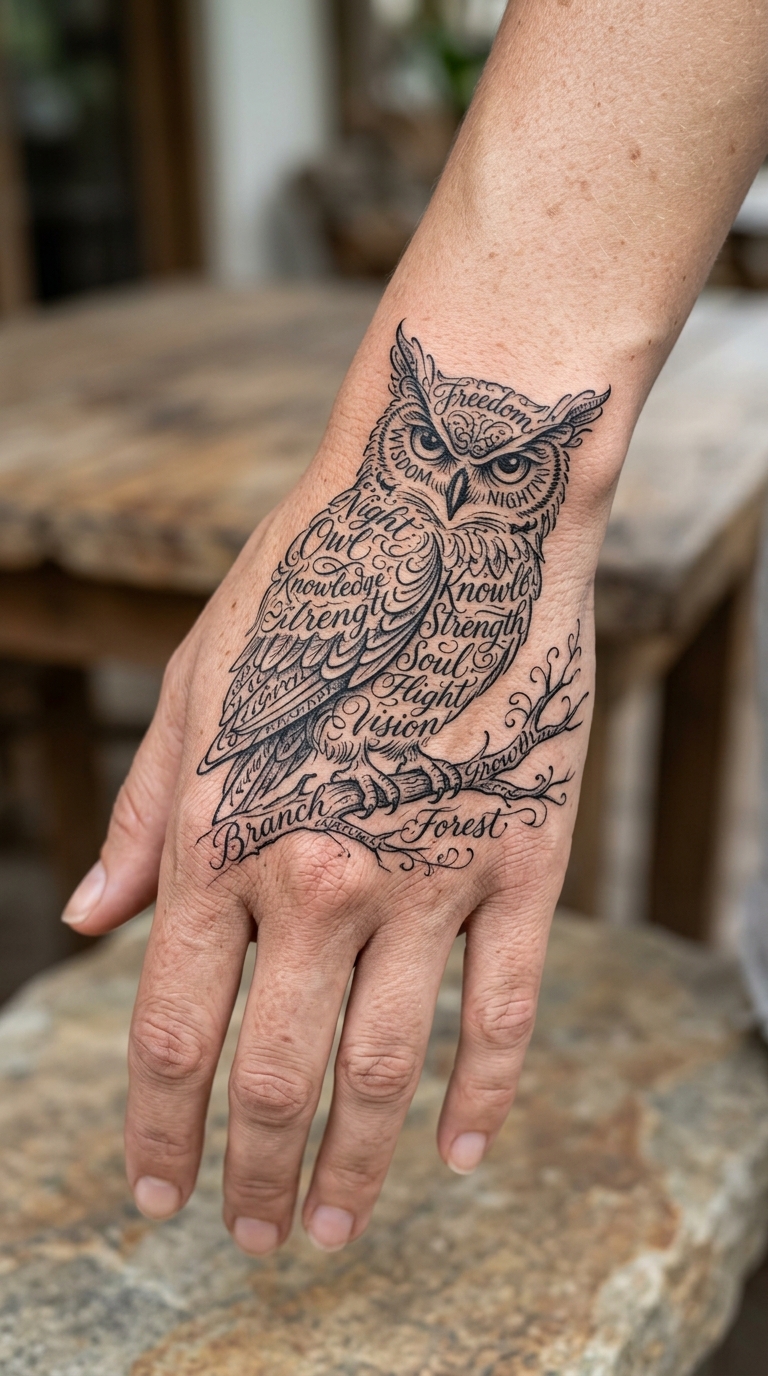 Eule auf einem Ast als geschriebenes Schrift Tattoo für die Hand