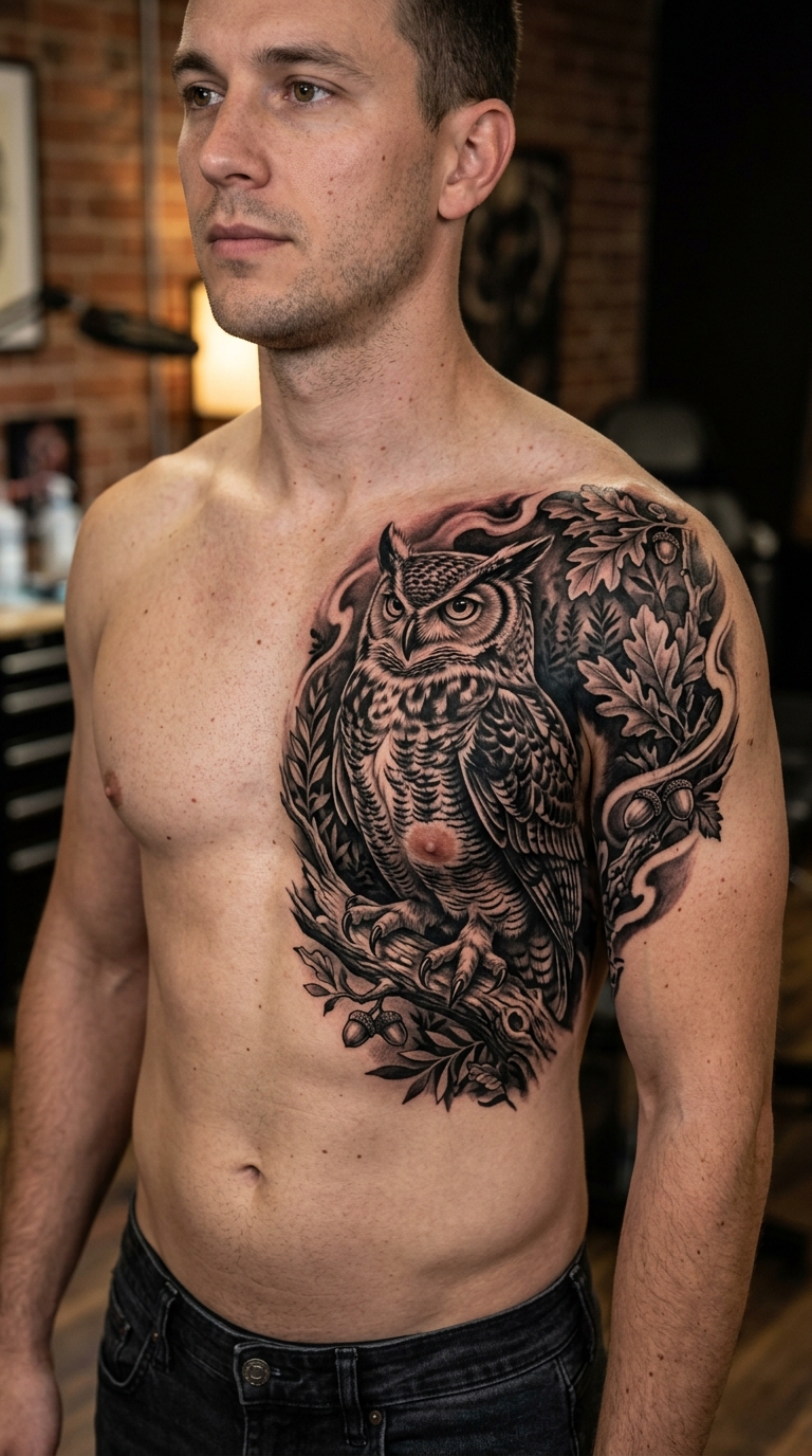 Eule auf einem Ast als großflächiges Cover up Tattoo für Brust & Oberkörper