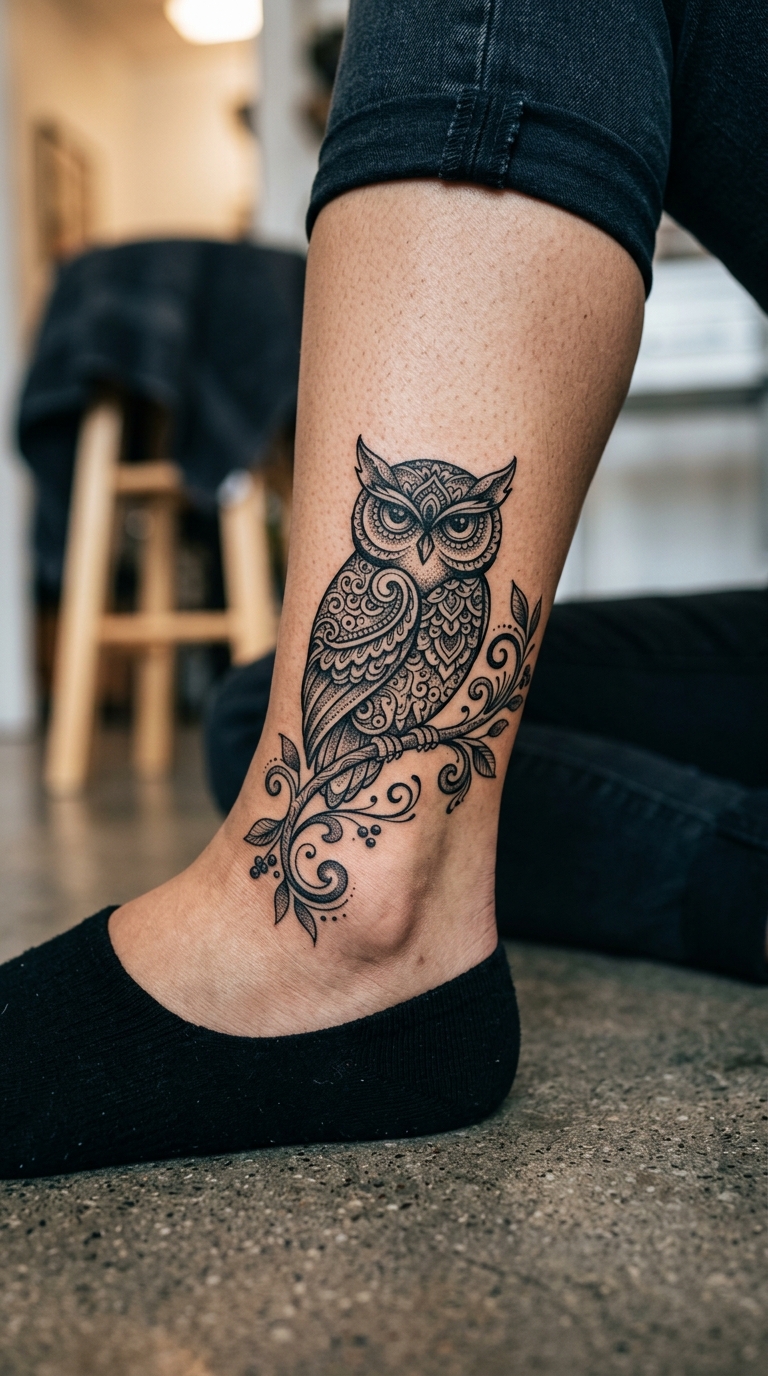 Eule auf einem Ast als Henna Tattoo Idee für den Knöchel