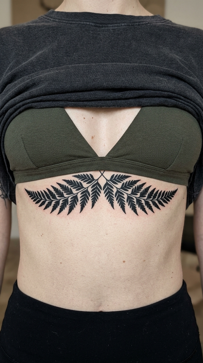 Farnwedel als geschwungenes Blackwork Tattoo für den Underboob