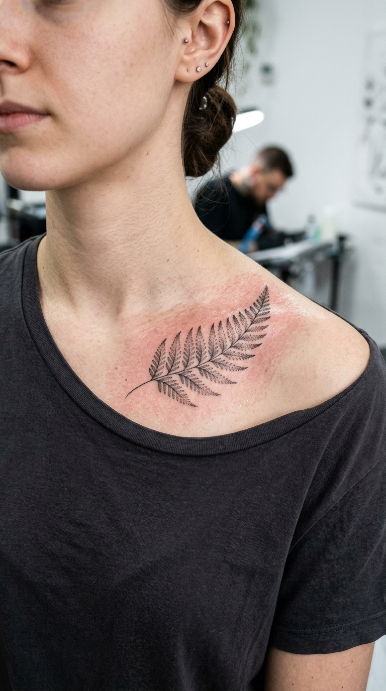 Farnwedel als zartes Dotwork Tattoo für das Schlüsselbein