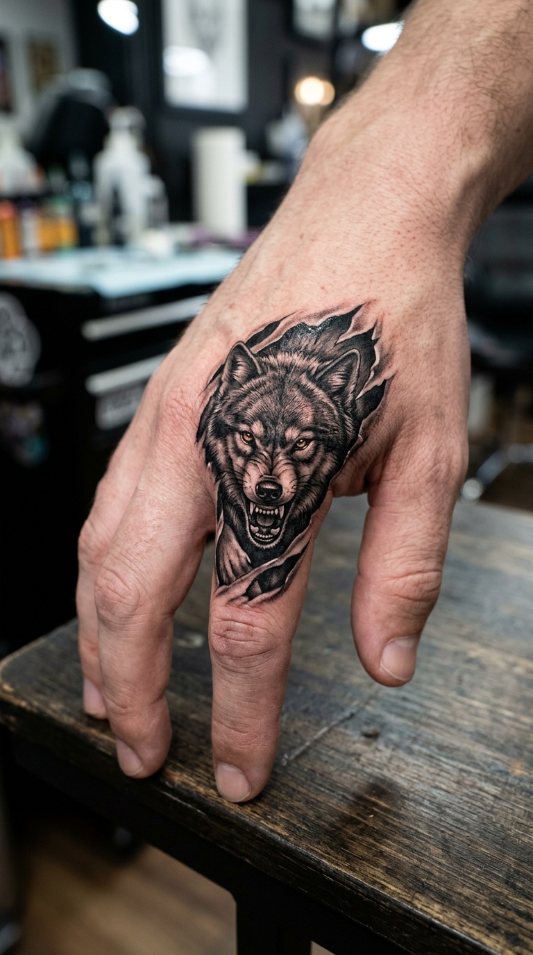 Fenrir der Wolfsgott als 3D Tattoo für den Finger