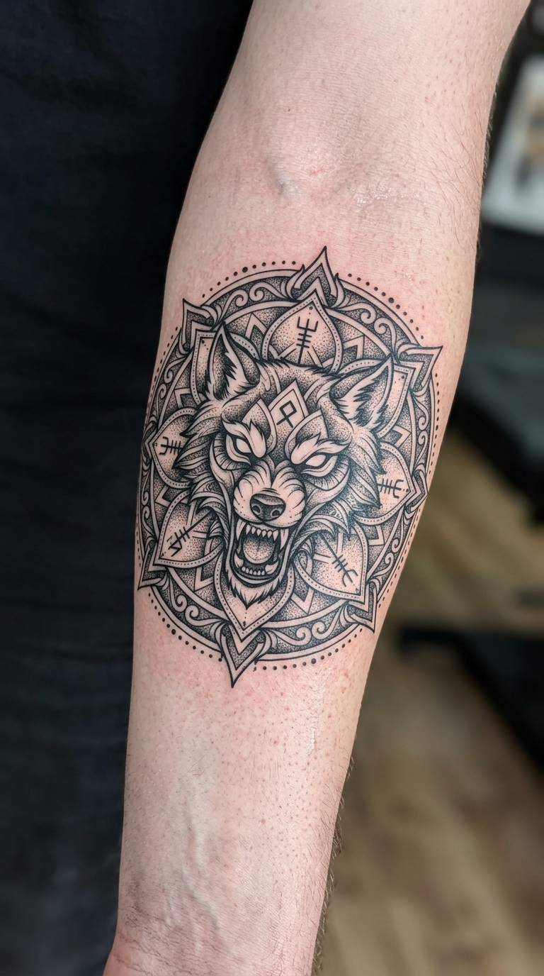 Fenrir der Wolfsgott als Mandala Tattoo für den Unterarm