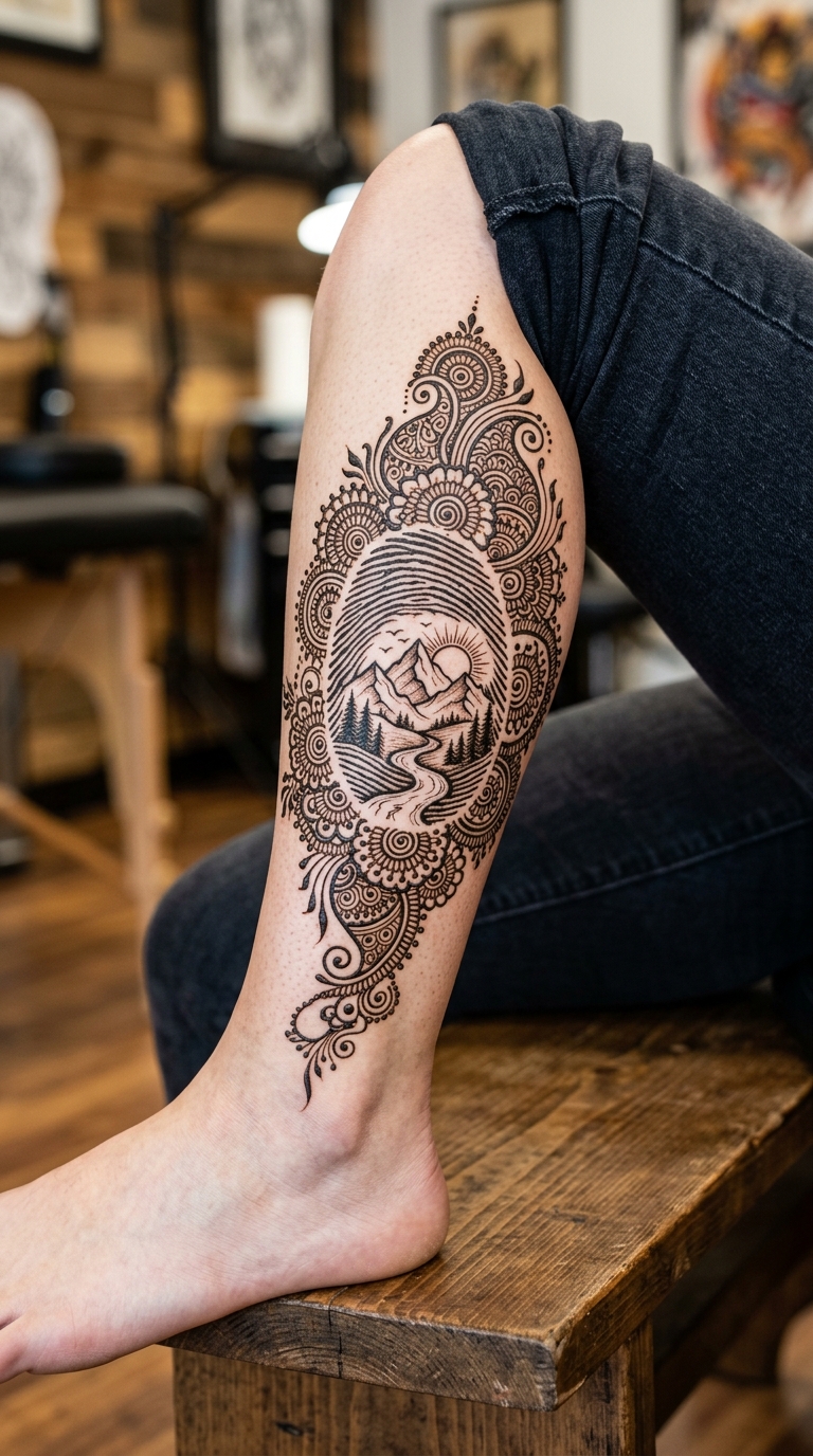 Fingerabdruck mit Berglandschaft als Henna Tattoo für das Bein