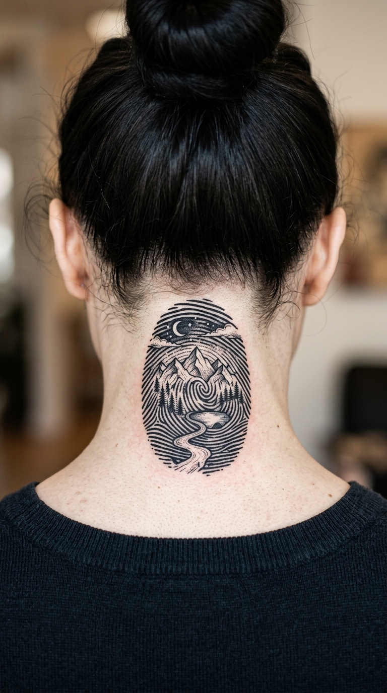 Fingerabdruck mit Bergwelt als Blackwork Tattoo für den Nacken