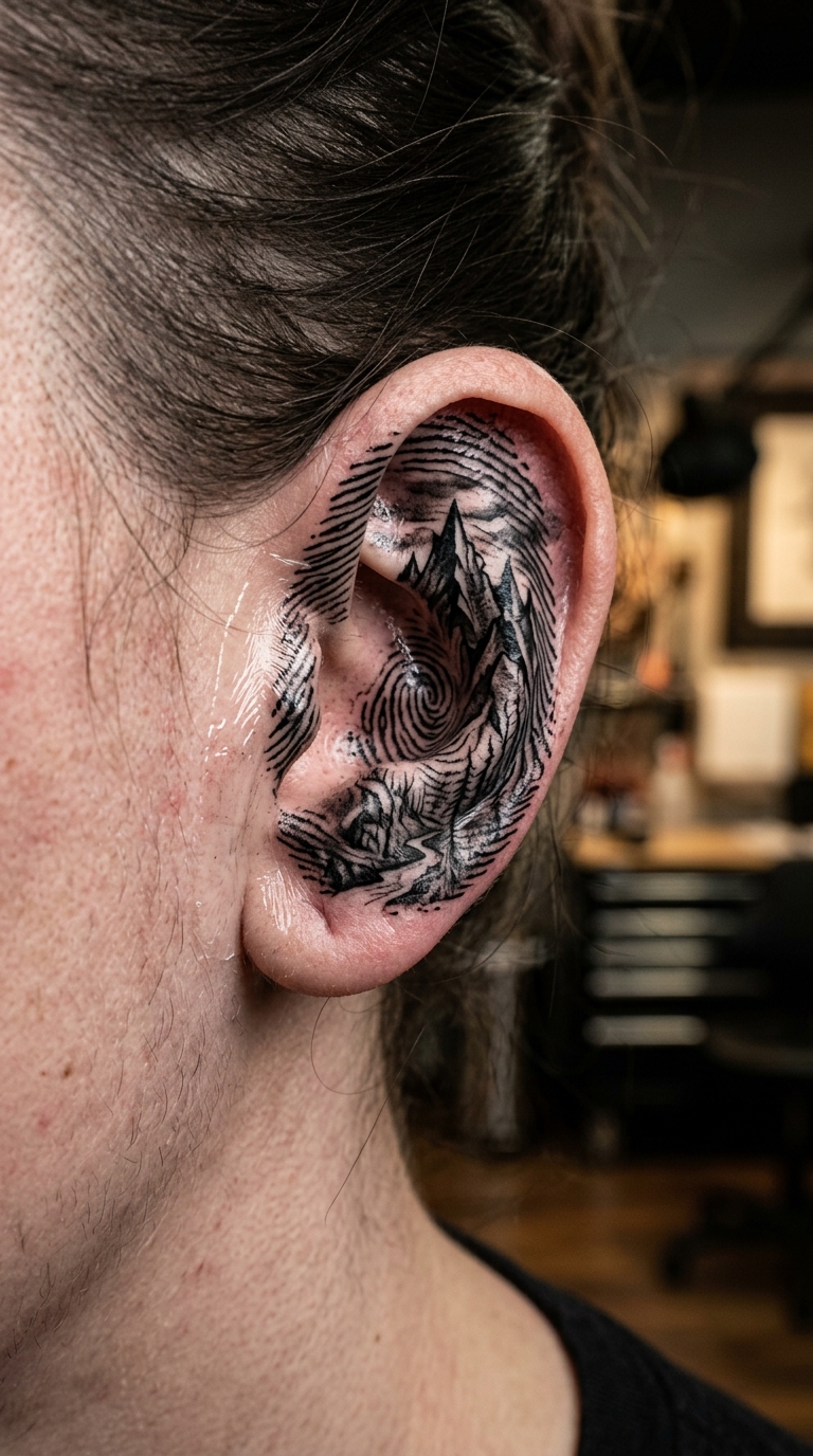 Fingerabdruck mit düsterer Bergwelt als Horror Tattoo für das Ohr