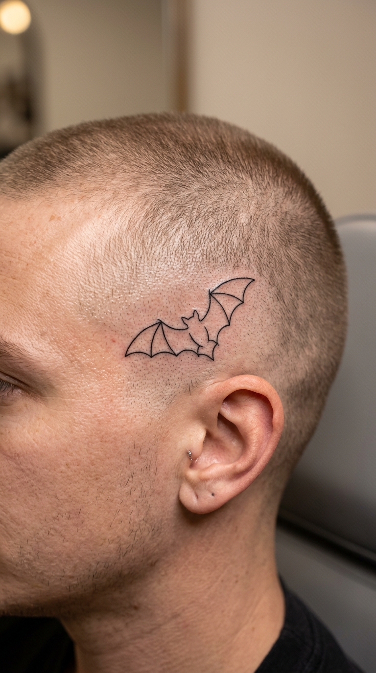 Fledermaus als filigranes Fineline Tattoo auf dem Kopf
