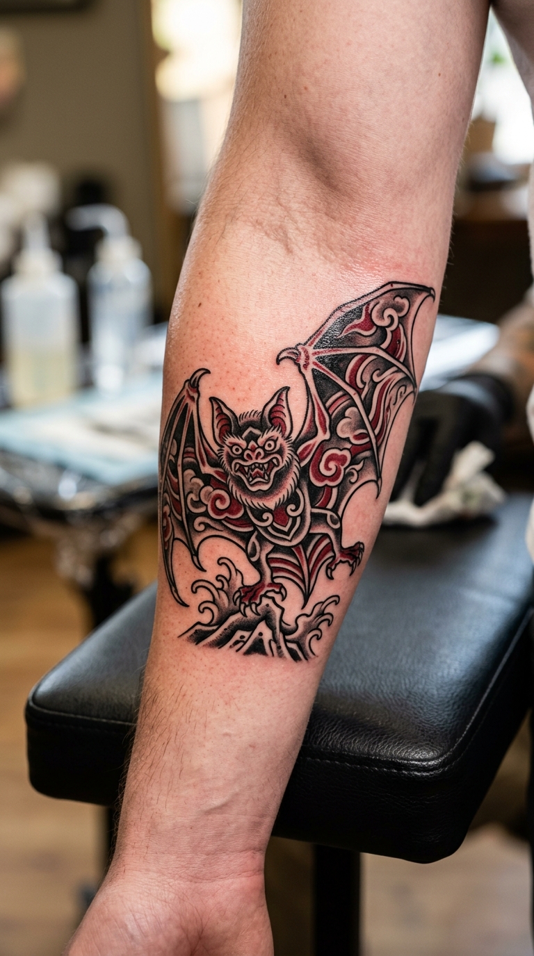 Fledermaus als japanisches Tattoo für den Unterarm