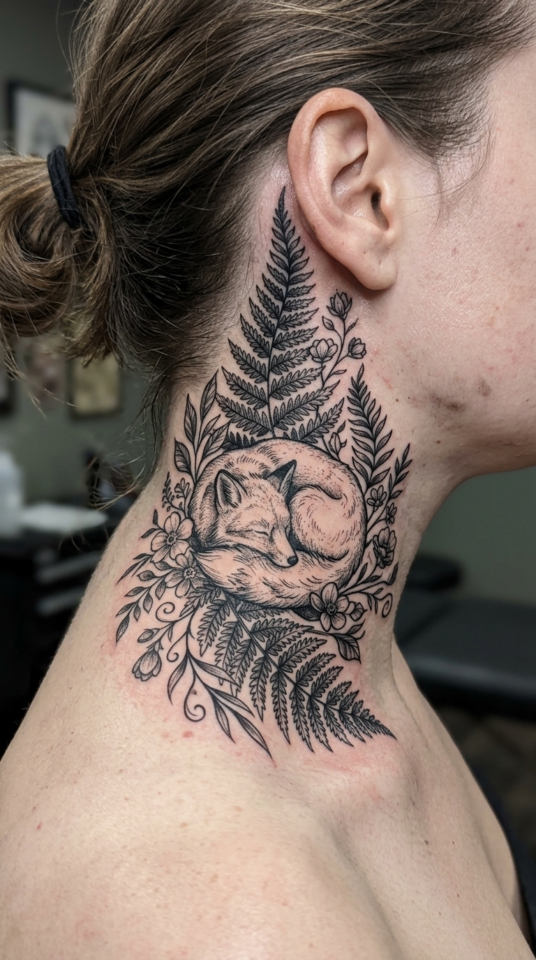 Fuchs zwischen Farnen als florale Tattoo Idee für den Kopf