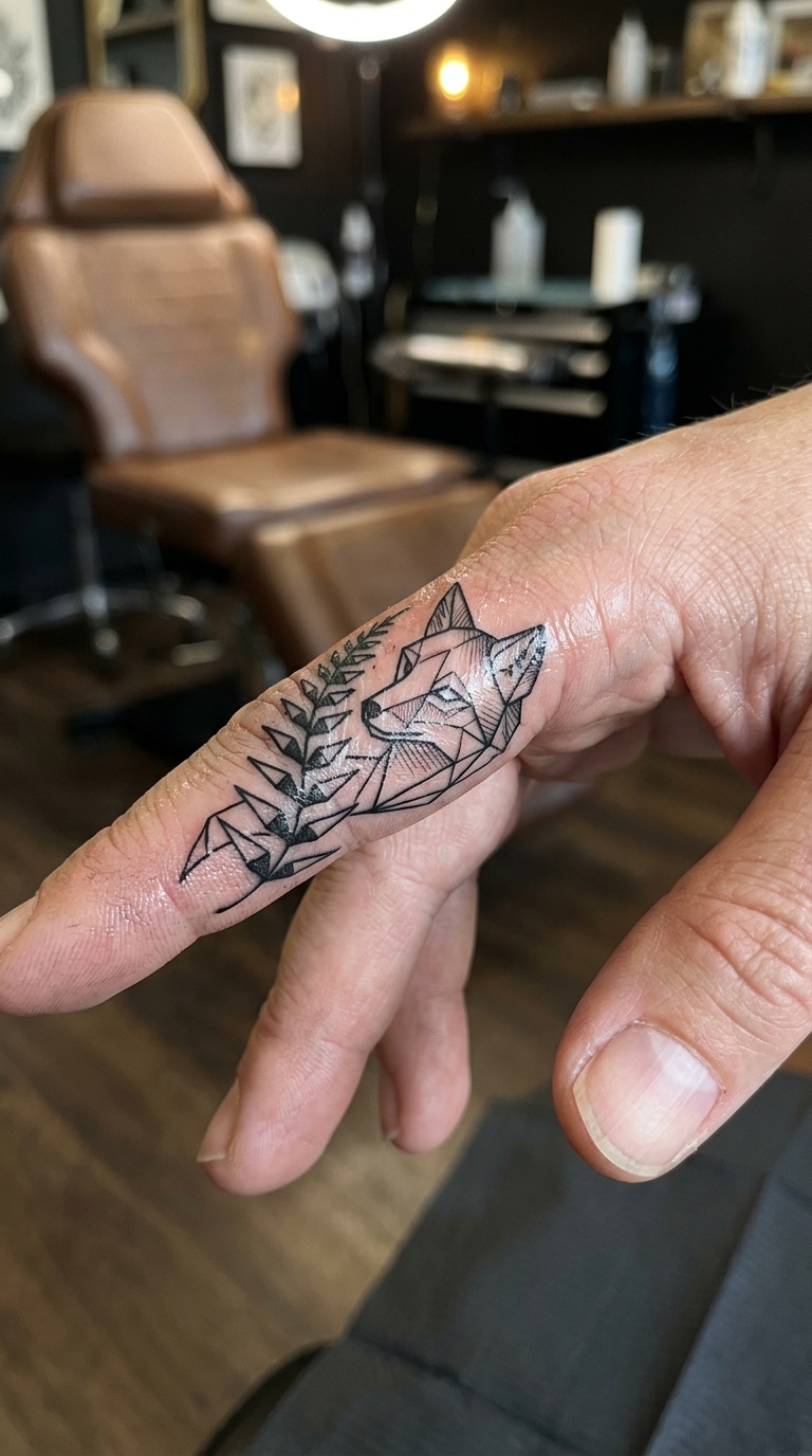 Fuchs zwischen Farnen als geometrische Tattoo Idee für den Finger