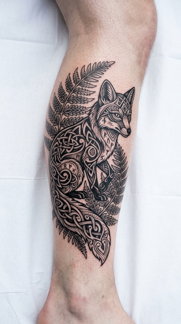 Fuchs zwischen Farnen als Wikinger und Celtic Tattoo für das Bein