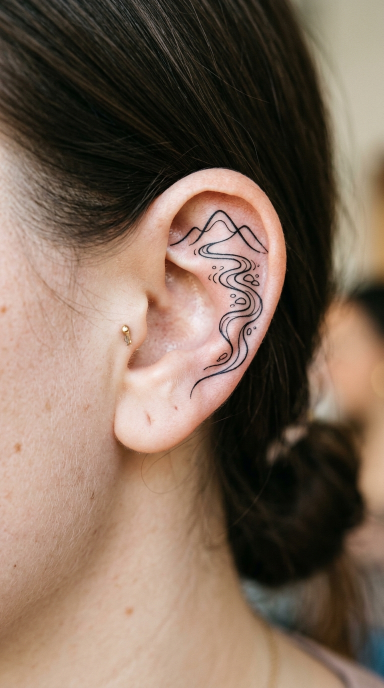 Gebirgsbach als abstraktes Zeichen Tattoo für das Ohr