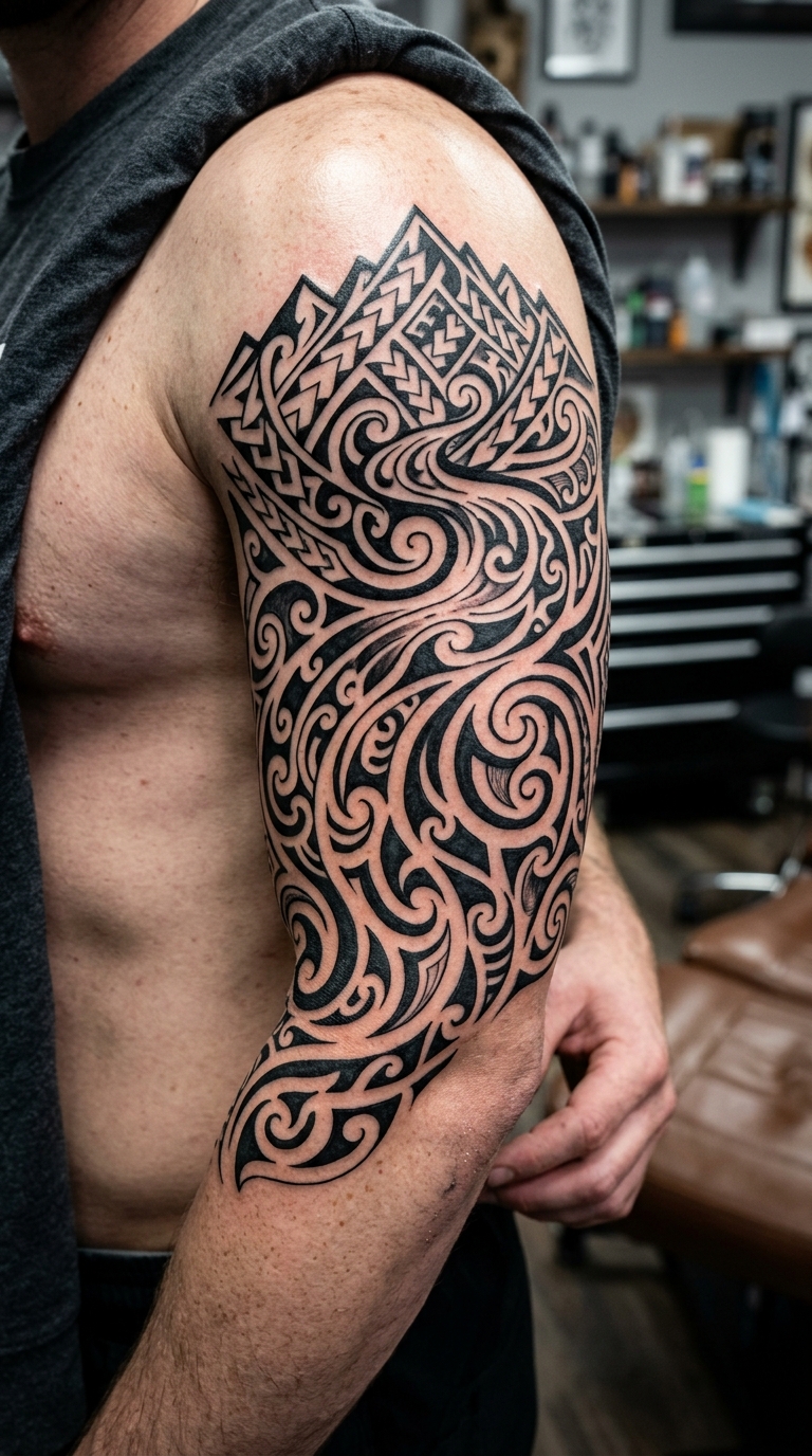 Gebirgsbach als Maori Tattoo Idee für den Arm