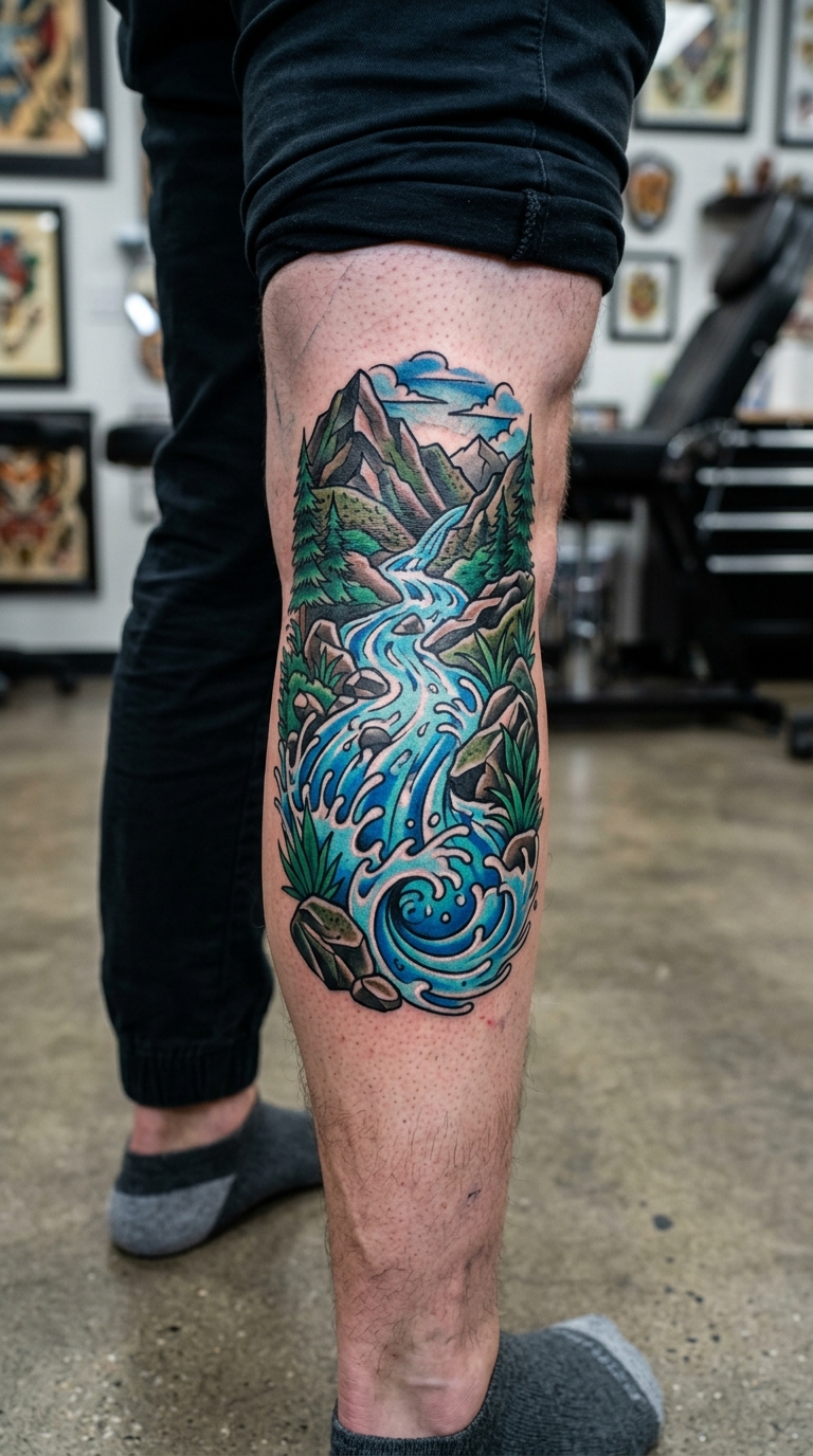 Gebirgsbach als Oldschool und Newschool Tattoo für die Kniekehle