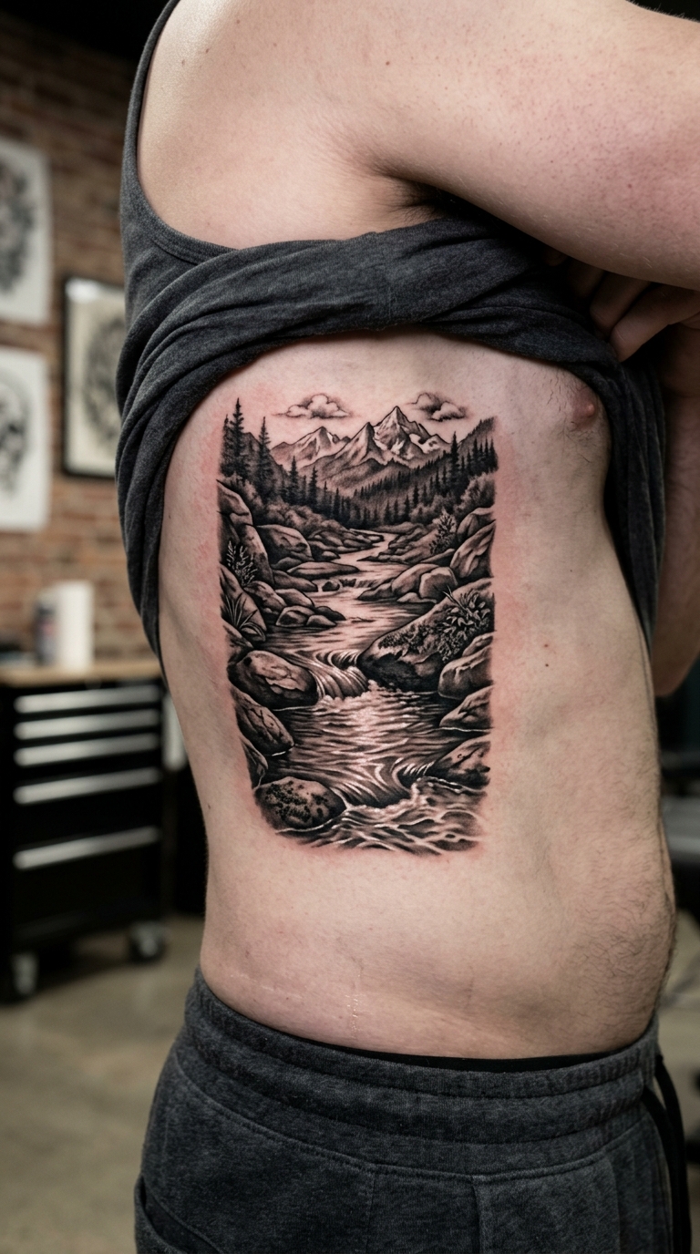 Gebirgsbach als Realistic Tattoo für die Rippen