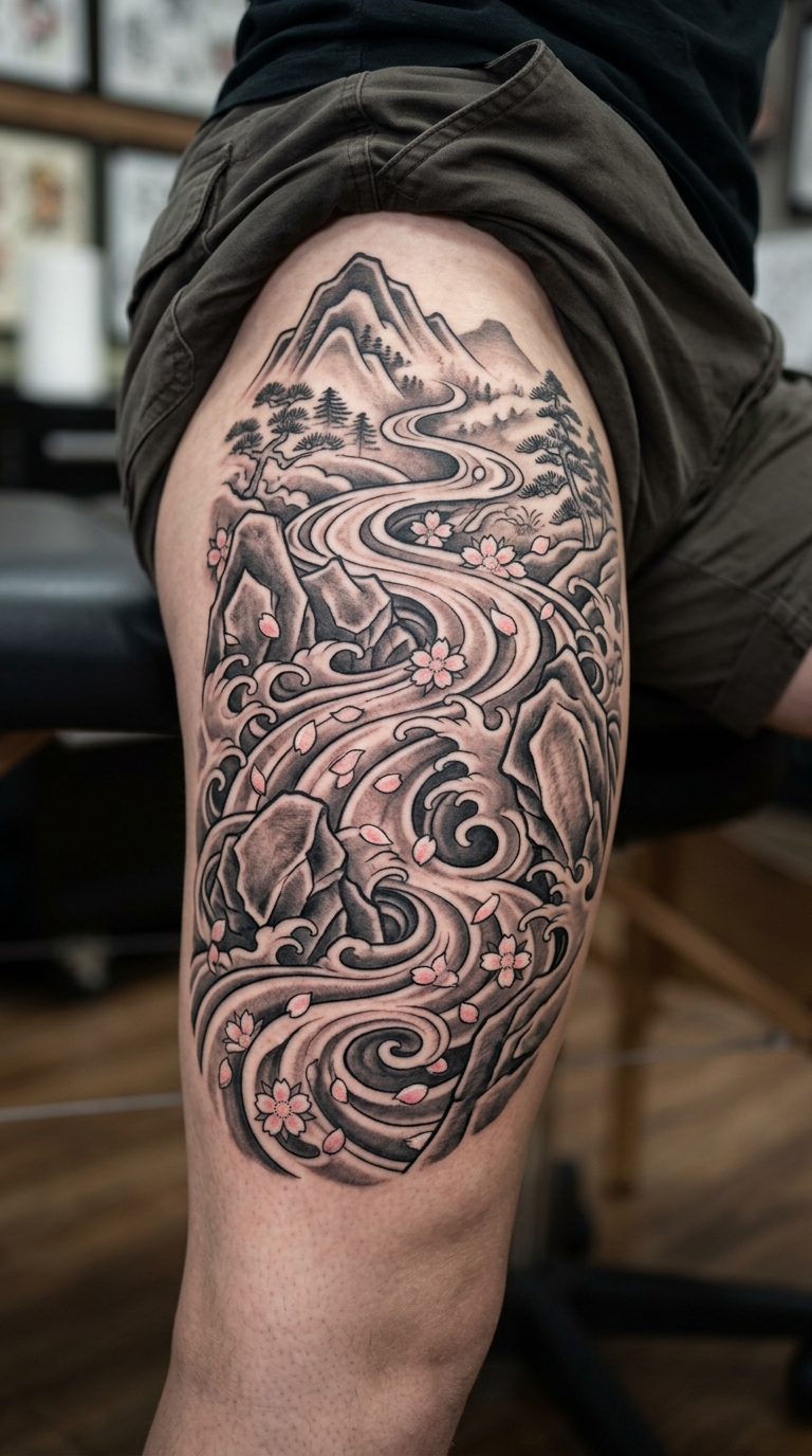 Gebirgsbach im japanischen Stil als Tattoo für den Oberschenkel
