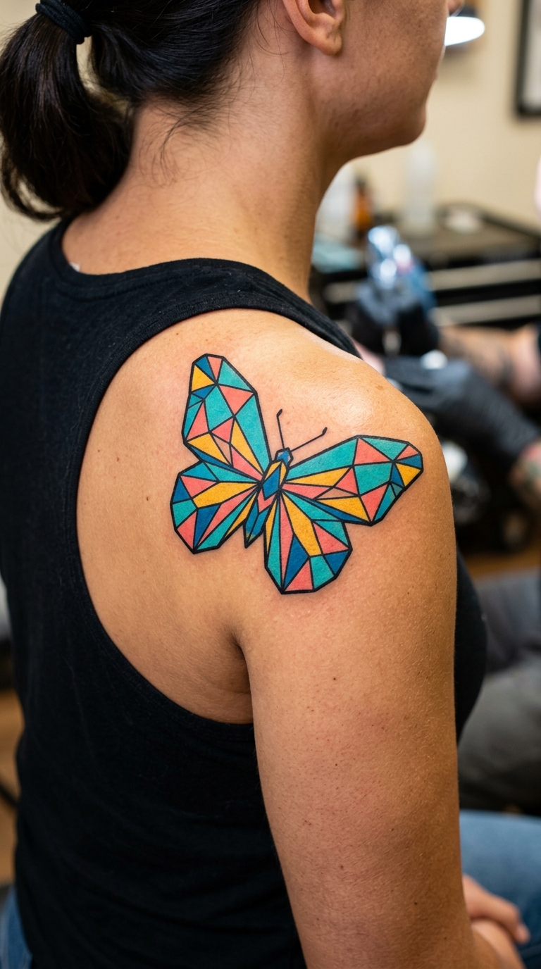 Geometrischer Schmetterling als bunte Comic Tattoo Idee für die Schulter