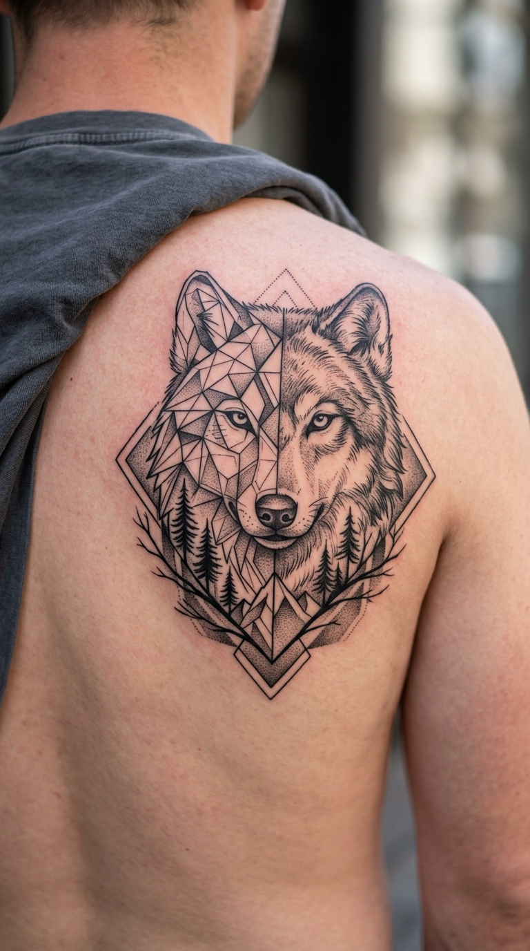 Geometrischer Wolf im Wald Tattoo Idee für den Rücken