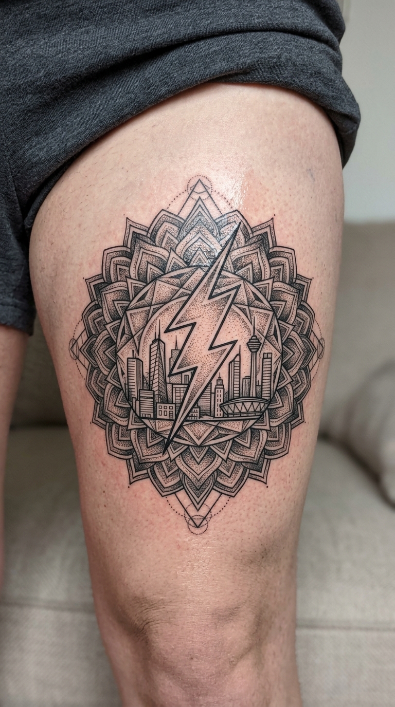 Gewitter und Blitz als Mandala Tattoo für den Oberschenkel