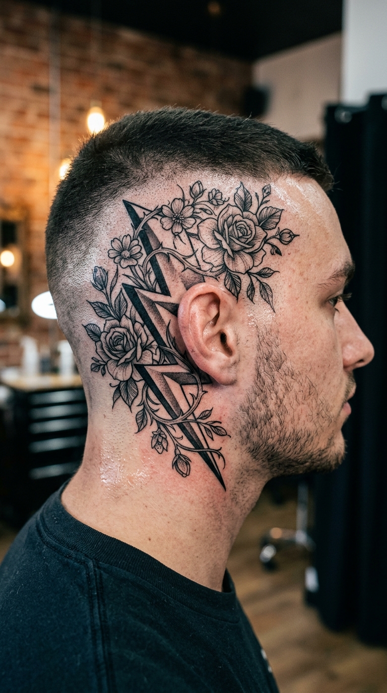 Gewitter und Blumen als Tattoo Vorlage für den Kopf
