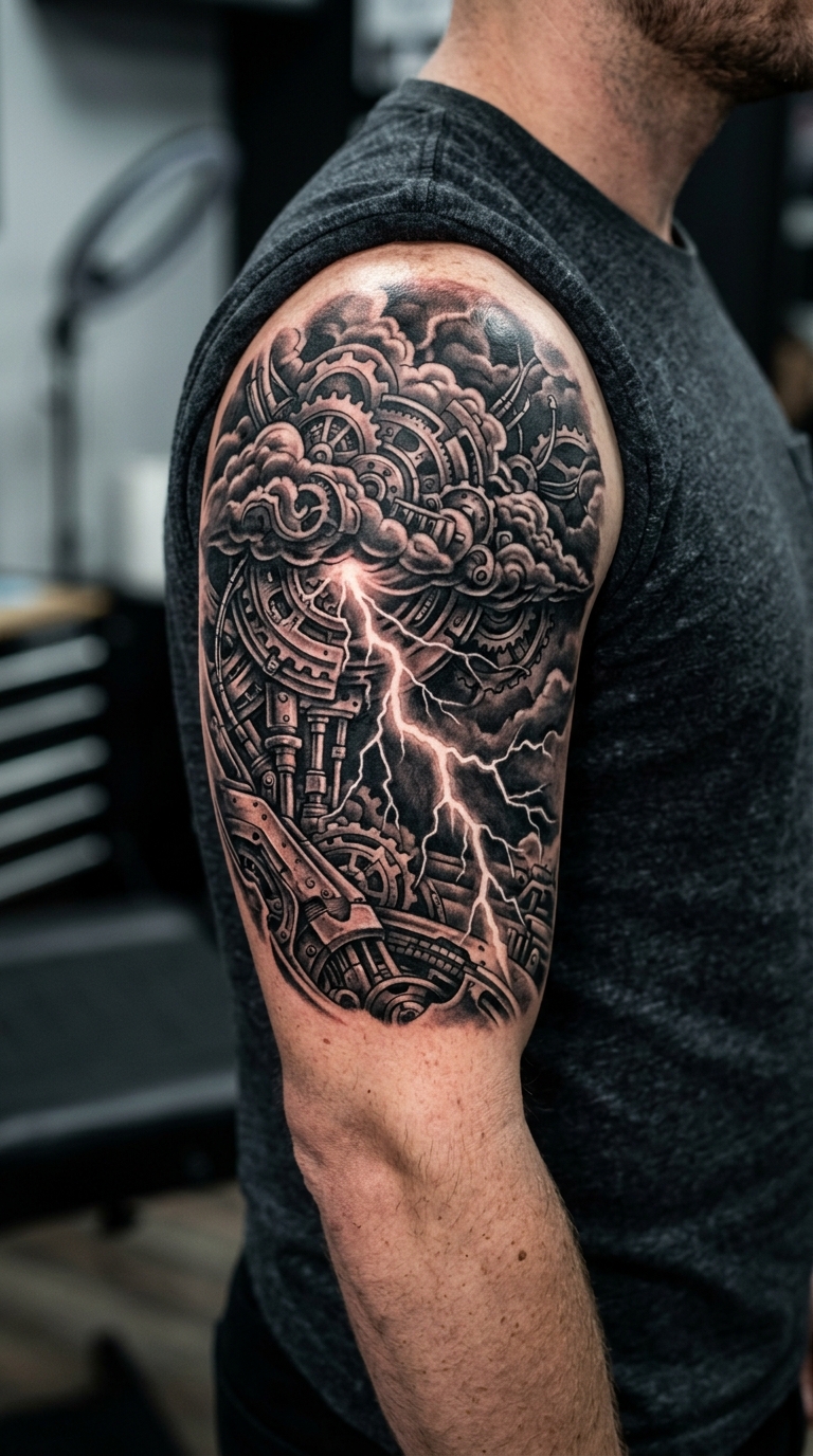 Gewitterwolken als biomechanisches Tattoo für den Arm
