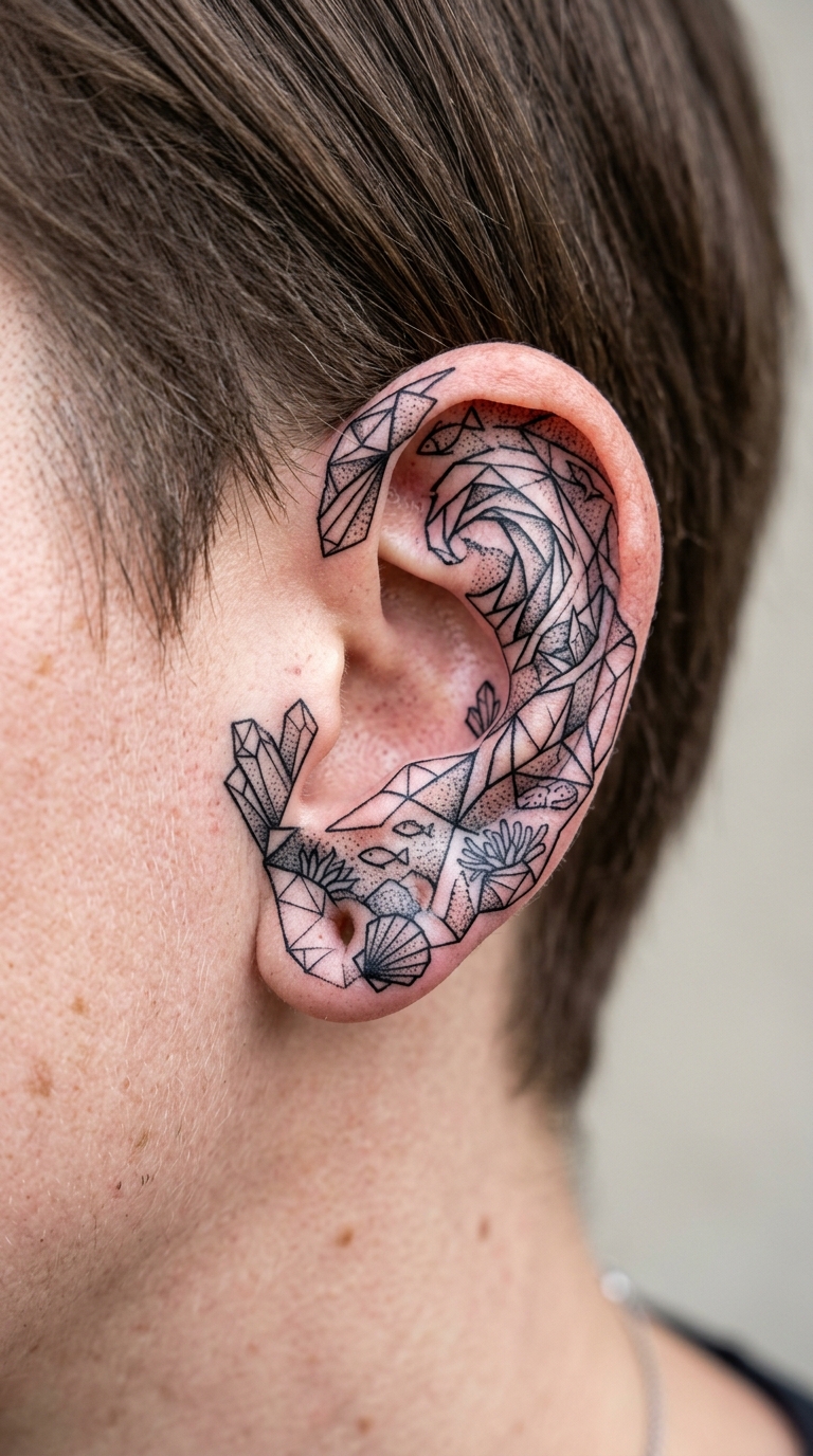 Gezeitentümpel als geometrische Tattoo Vorlage für das Ohr