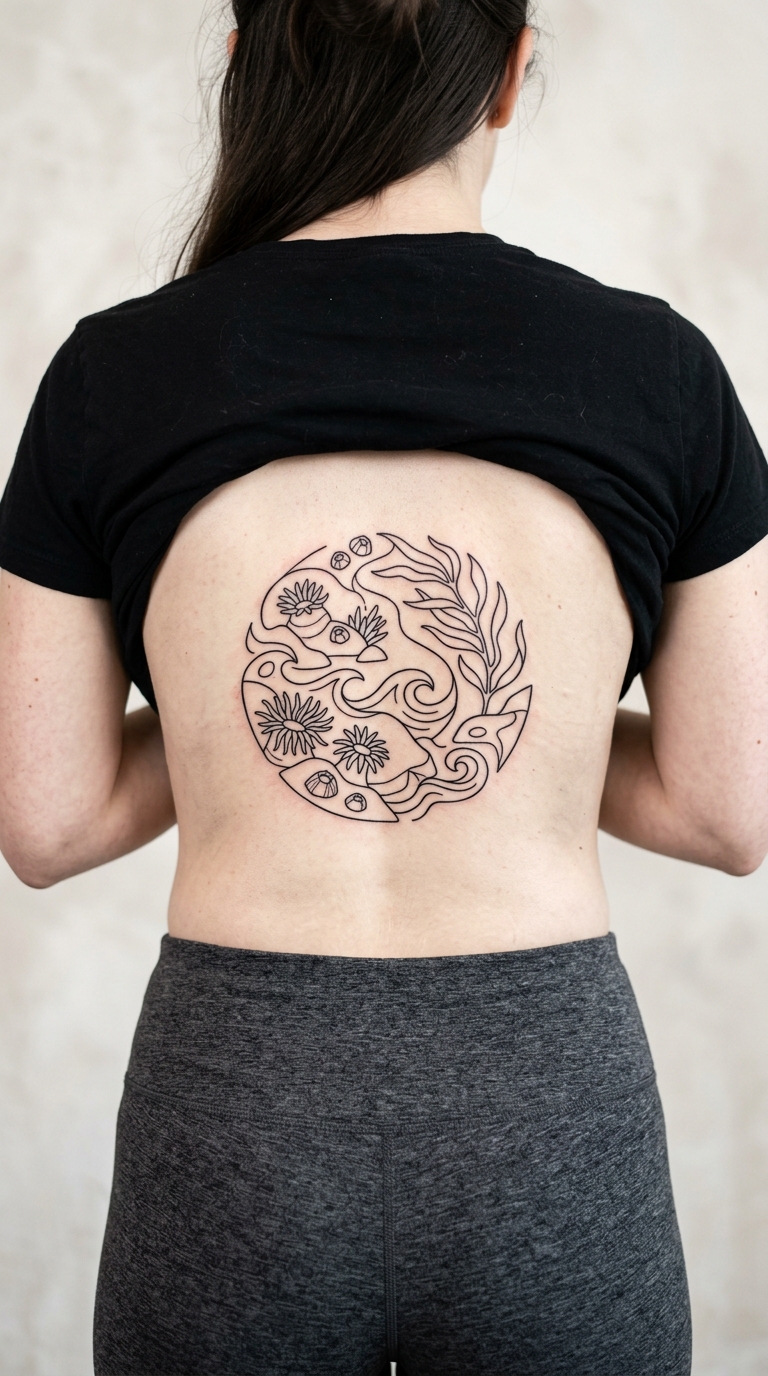Gezeitentümpel als grafisches Zeichen Tattoo für das Steißbein