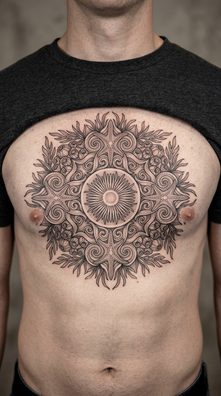 Gezeitentümpel als Mandala Tattoo Idee für Brust & Oberkörper