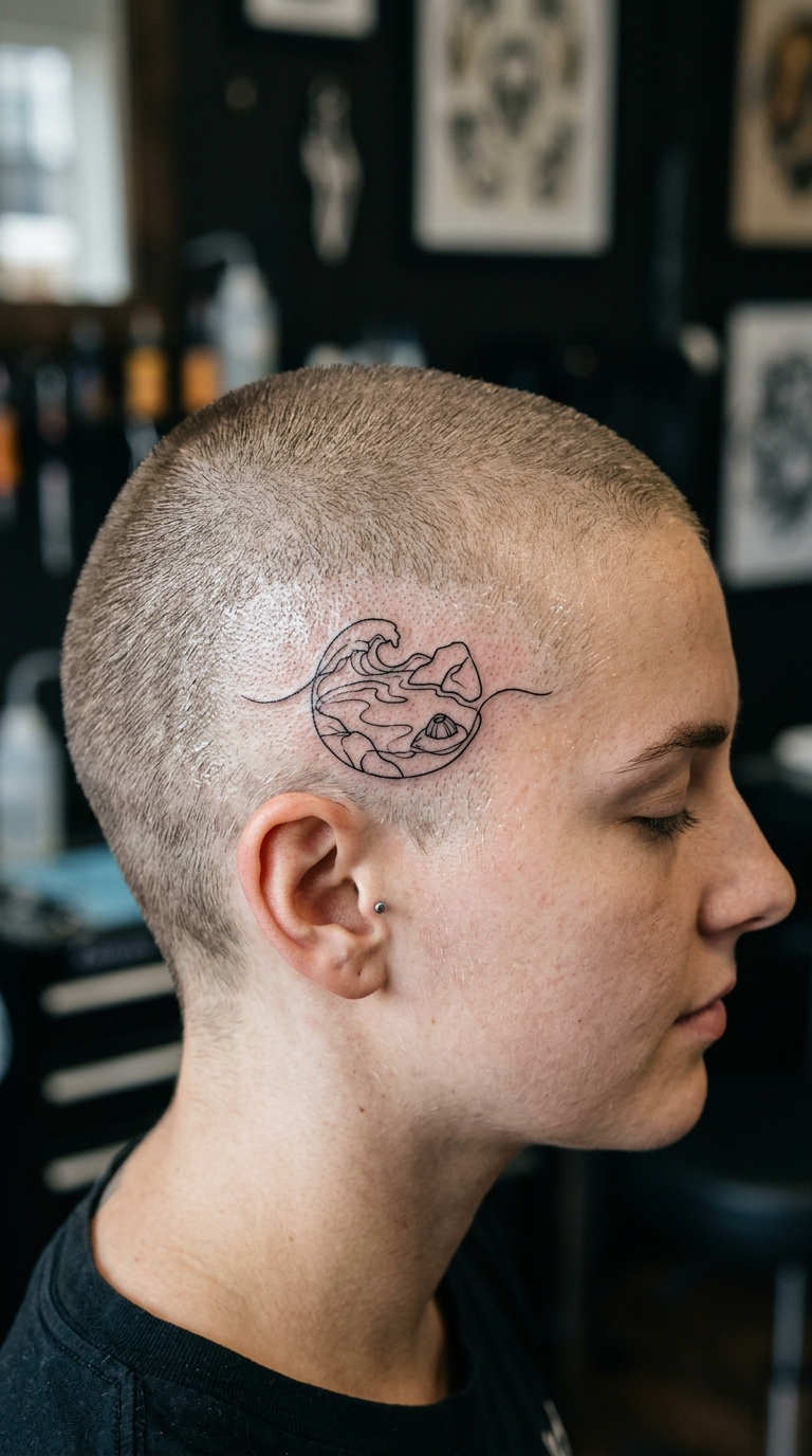 Gezeitentümpel als minimalistisches Tattoo für den Kopf