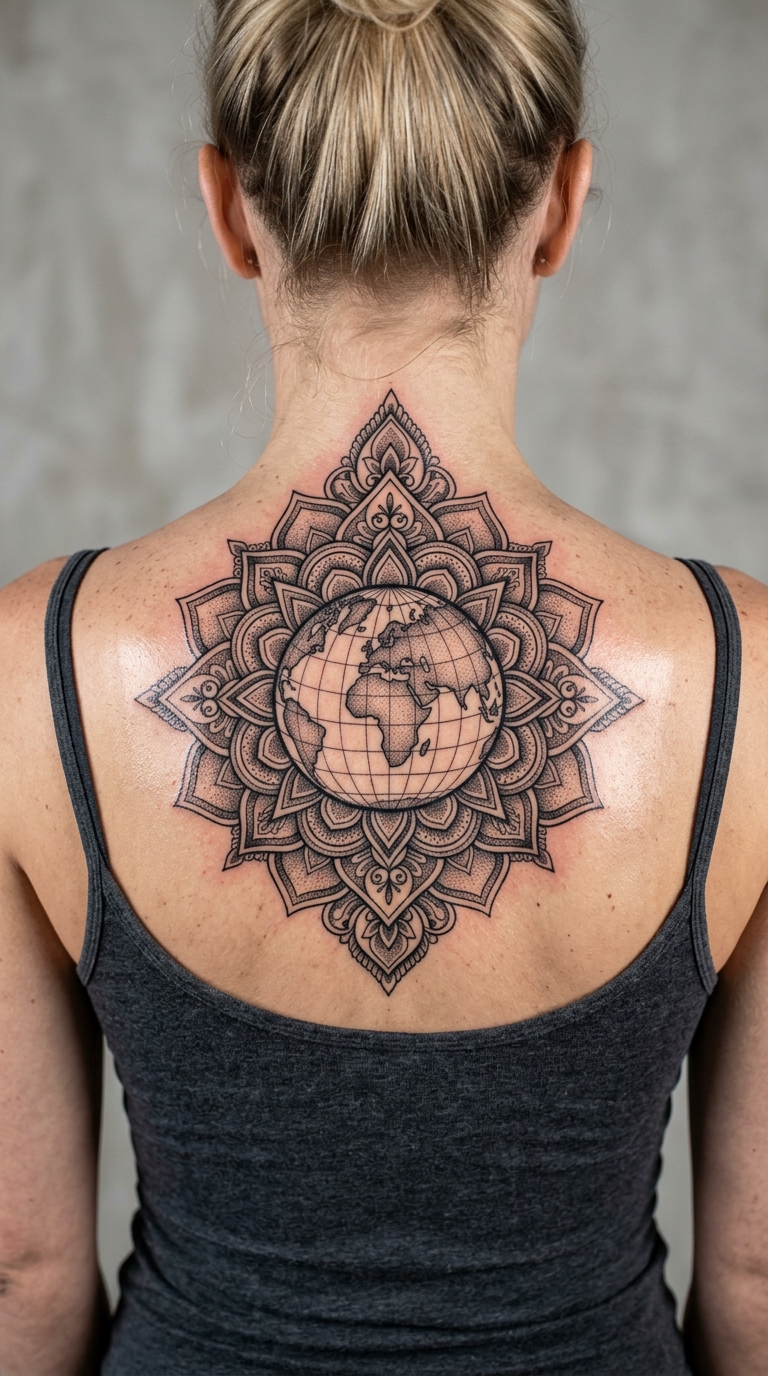 Globus mit Koordinaten als Mandala Tattoo Idee für den Nacken