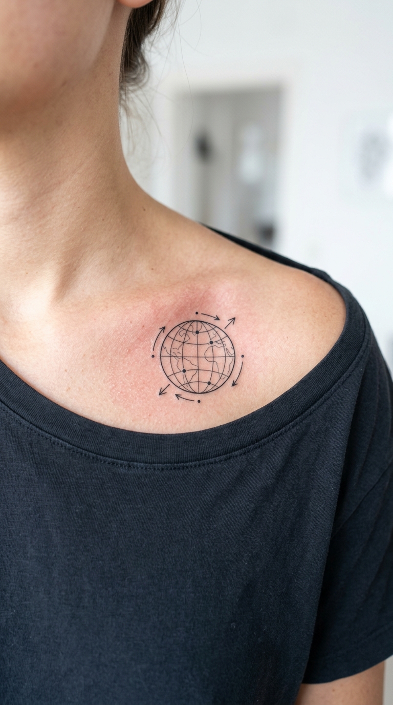 Globus und Längengrade Tattoo Vorlage für das Schlüsselbein