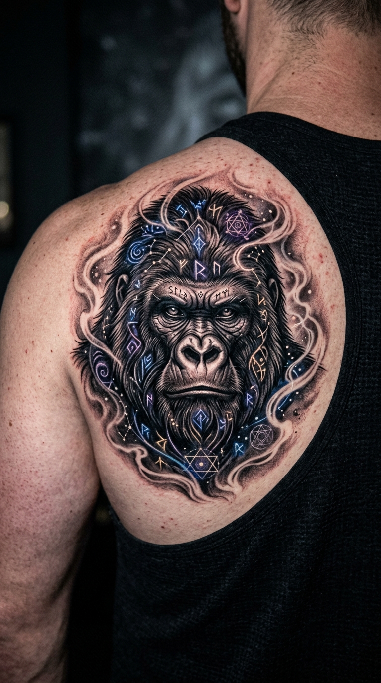 Gorilla als mystisches Fantasy Tattoo für die Hand